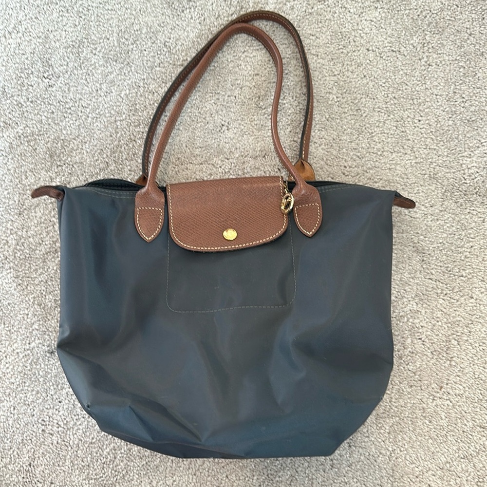 Longchamp Gray Nylon Tote with Brown Leather Trim